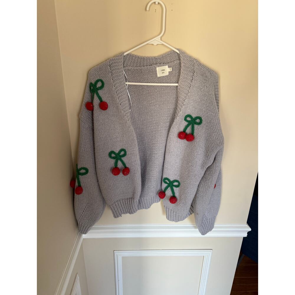 Luna and Ivy Purple Knit Crewneck Sweater Open Front Preppy Cherry Details - Picture 2 of 12